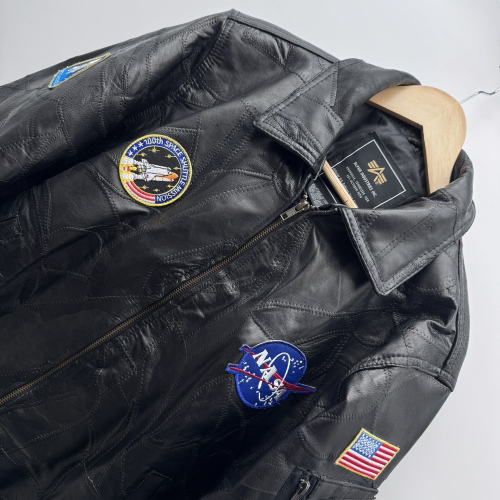 Vintage Alpha Industries Men M NASA Black Patchwork Leather Bomber Flight Jacket